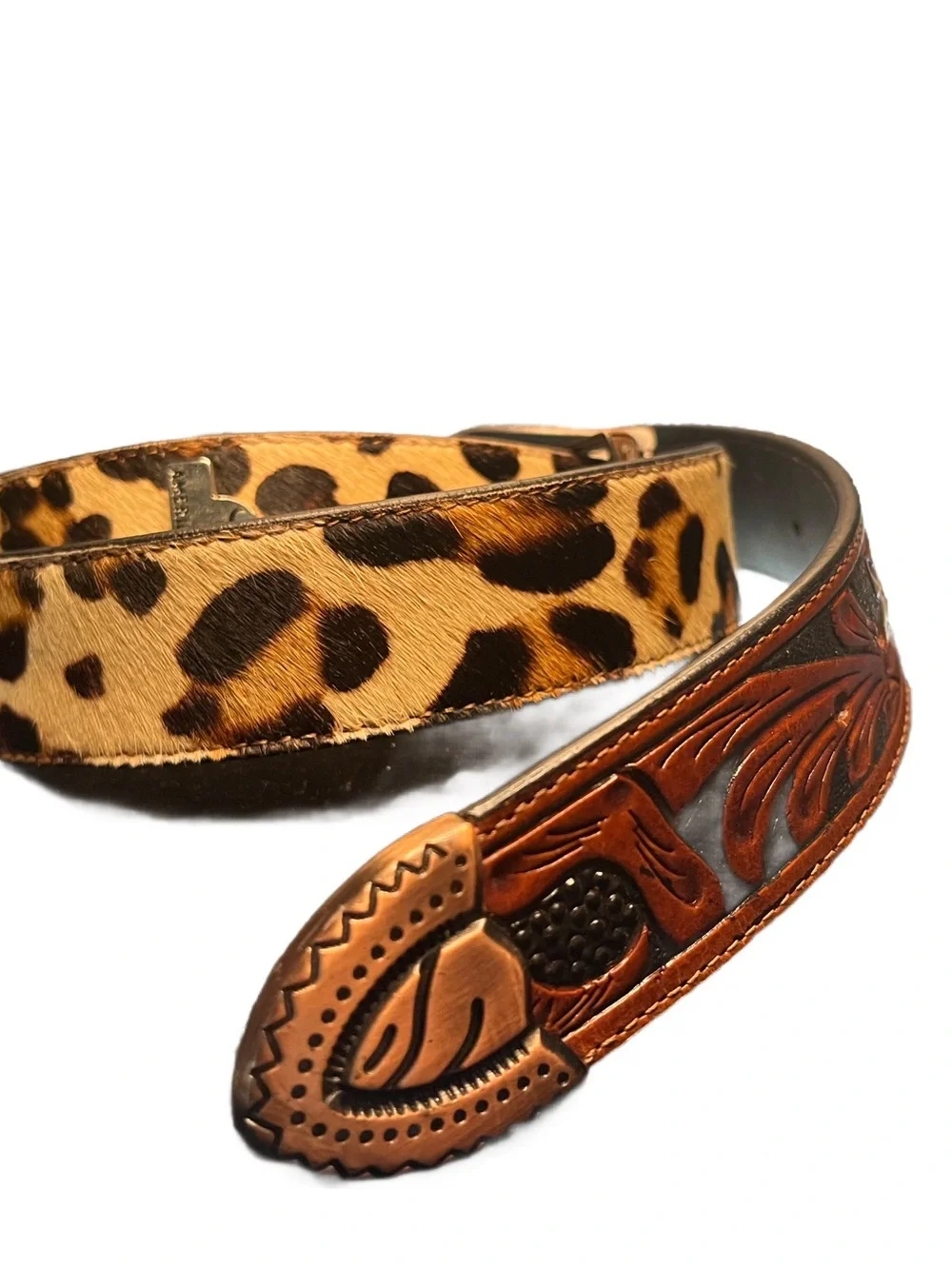 American Bison Leopard  Print Hair Tooled Leather Chunky Metal Buckle Belt Sz 42